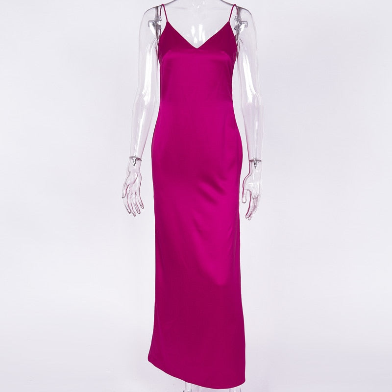 Satin V Neck Maxi Dress Women Spaghetti Strap Sleeveless Backless Side Split Long Dresses Lady Vestido