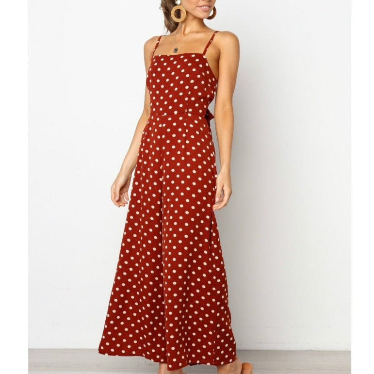 Sleeveless Backless Boho Bow-knot Dot Jumpsuits Women 2022 Summer Romper