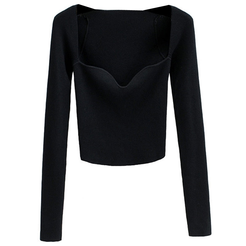 French Vintage Square Neck Knitted Tops Women Skinny Long Sleeve Pullover T-shirts Female