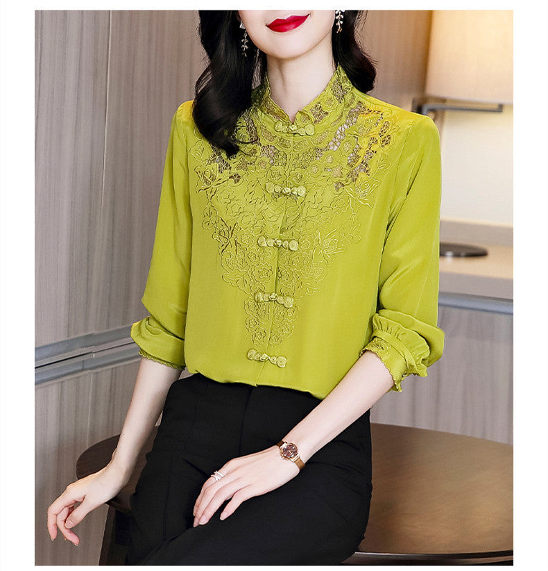 Embroidery Hollow Blouse Women Long Sleeve Imitation Silk Top Loose Vintage Shirt Plus Size