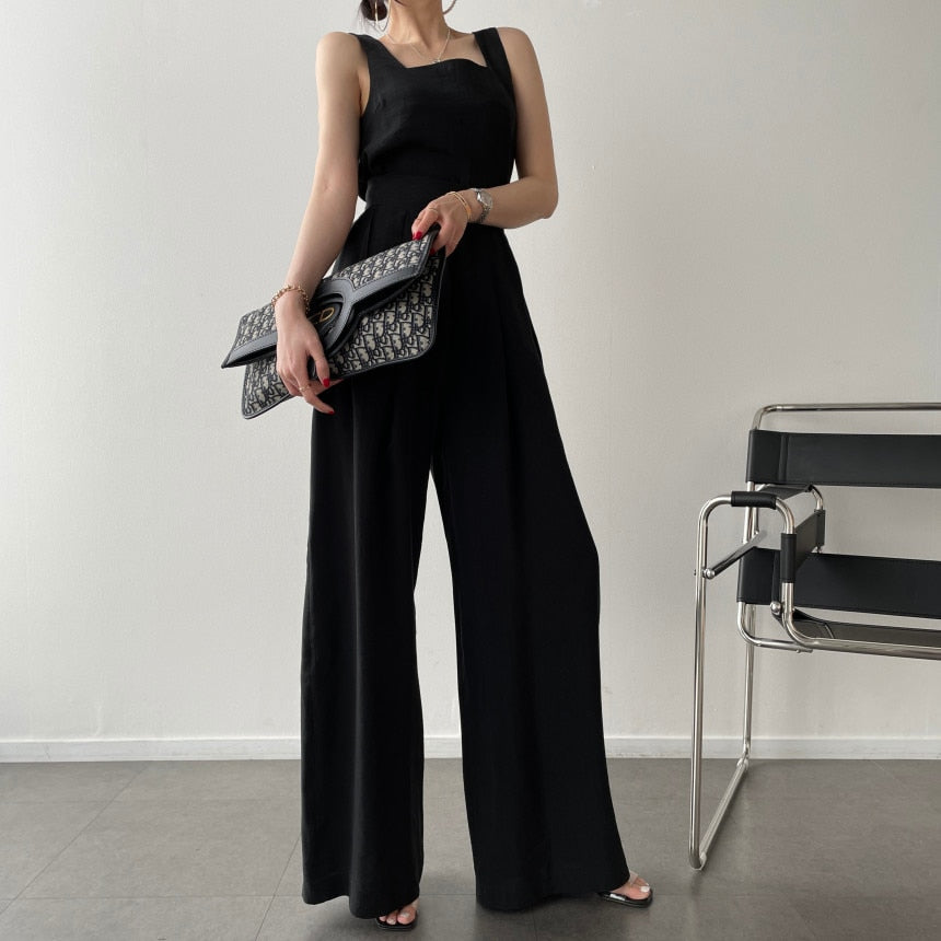 Office Ladies 2-Piece Women Square Neck Loose Vest Top + High Waist Pleated Wide Leg Pants