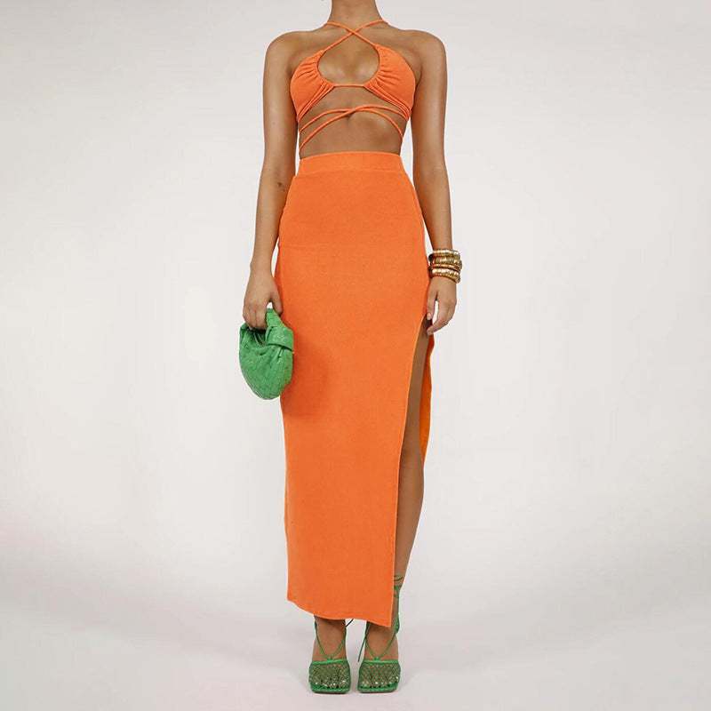 Cryptographic Bandage Cut Out Sexy Halter Neck Top and Skirts Set Gathered Elegant