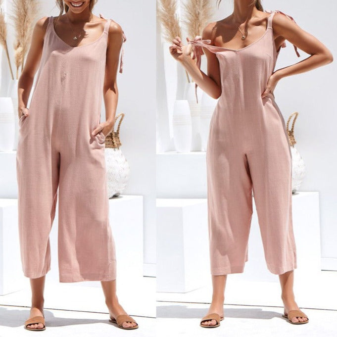 Women Sleeveless Rompers Loose Jumpsuit O Neck Casual Backless Overalls Trousers Wide Leg Pants