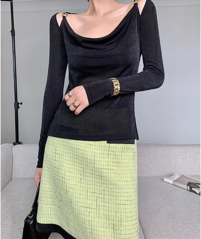 Sexy Swing Collar Cropped Tops Women Autumn Metal Design Skinny Long Sleeve T-Shirt Outwear