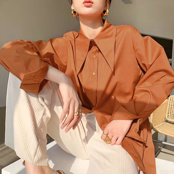 Big Pointed Collar White Blouses For Women Vintage Loose Long Sleeve Shirt