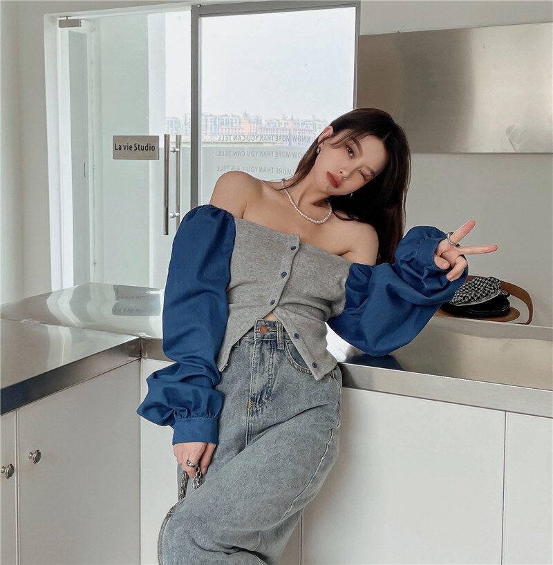 Patchwork Denim Shirts Women French Square Collar Puff Blouses Long Sleeve Crop Tops