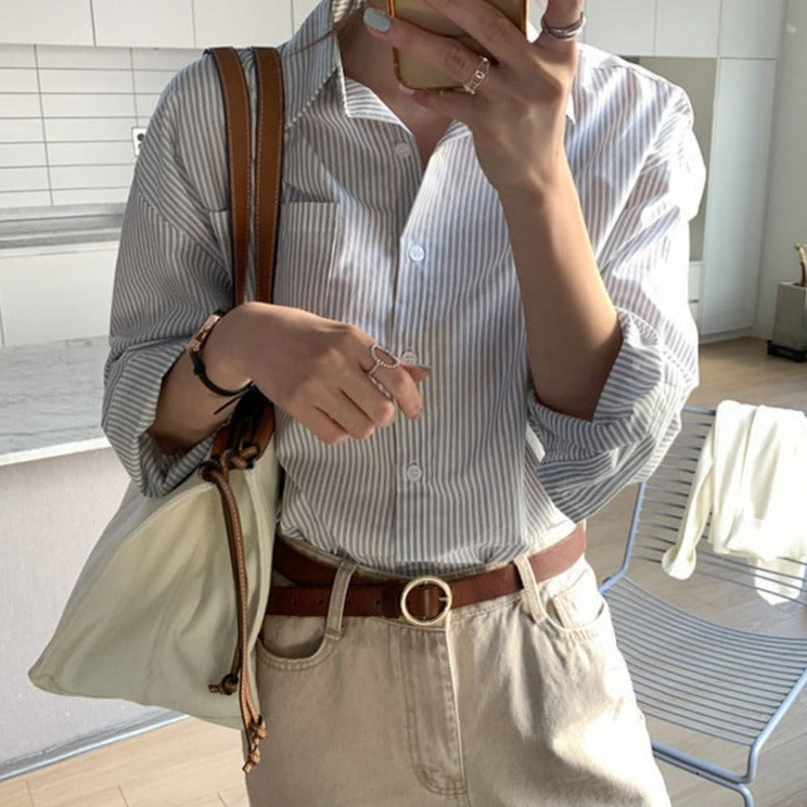 Striped Blouses Turn-down Collar Long Sleeve Loose Female Shirts Casual Tops