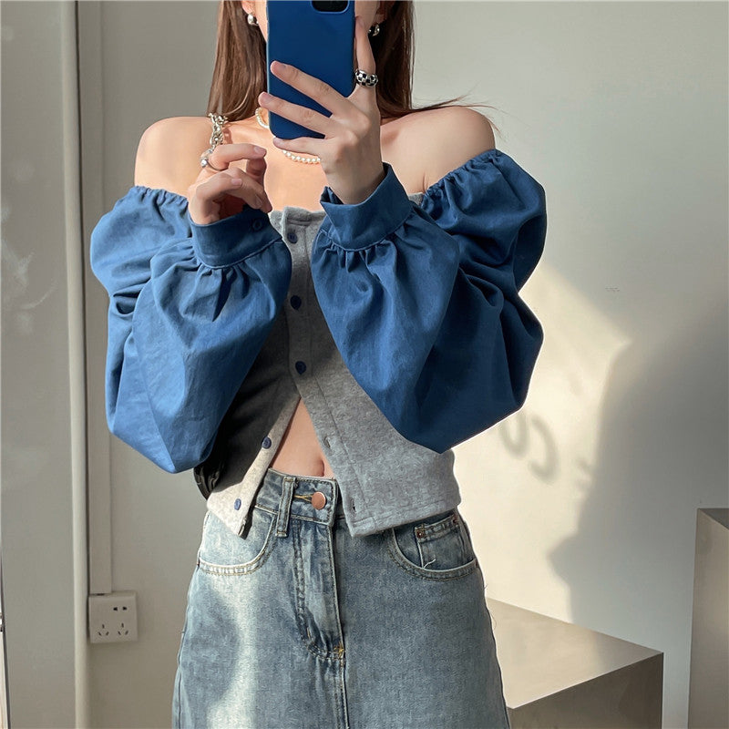 Patchwork Denim Shirts Women French Square Collar Puff Blouses Long Sleeve Crop Tops