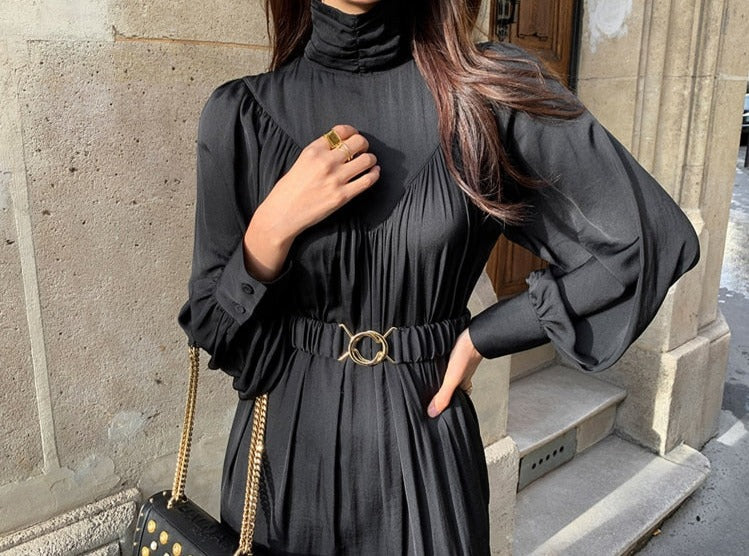 Mid-Long Loose Dress Female Vintage Turtleneck Spring Dress Vestidos Femme Robe