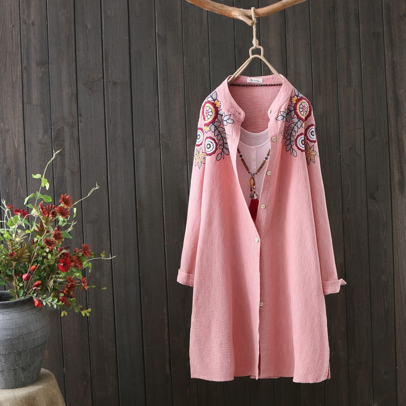 Women White Shirt 100% Cotton Embroidery Long Sleeve Button Up Blouse Loose Office Top