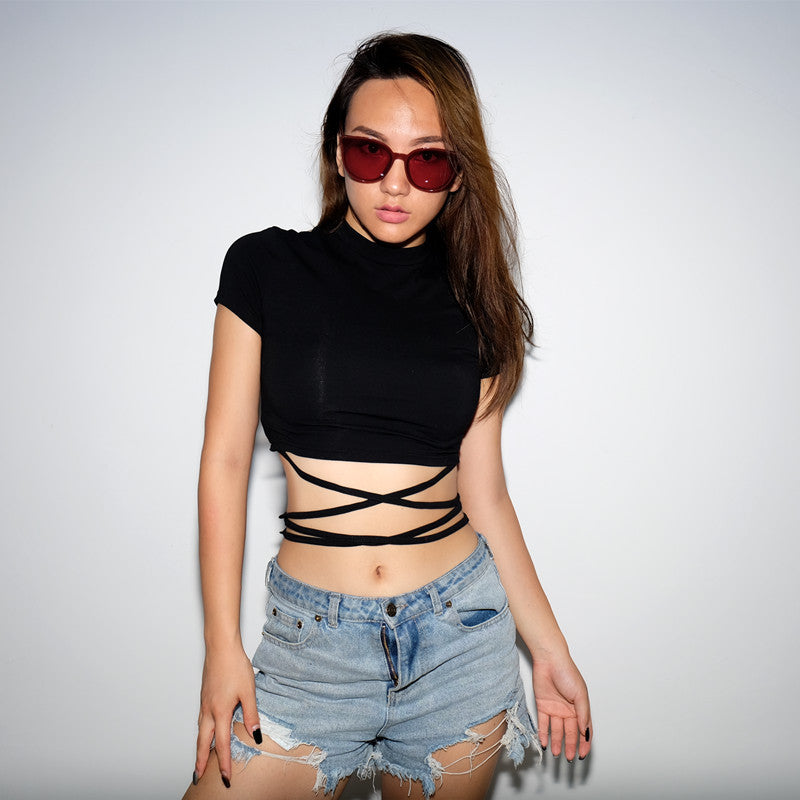 Summer Women Black Short T-Shirts Sexy Crop Tops Short Sleeve Bandage Tee Tops Female Shirts