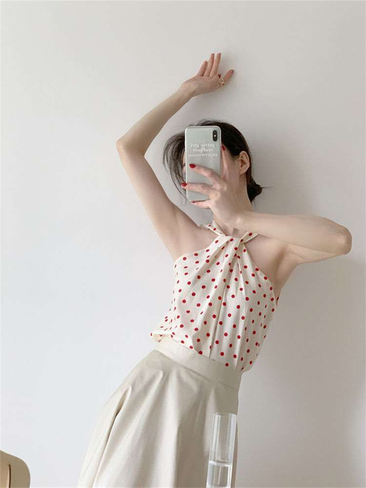 Backless Camis Women Summer Polka Dot Twist Halterneck Vest Female Casual Chiffon Tops