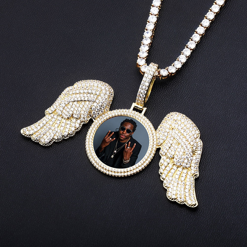 Angel Wings Custom Photo Medallion Necklace Iced Out Cubic Zirconia Pendant Hip Hop Jewelry