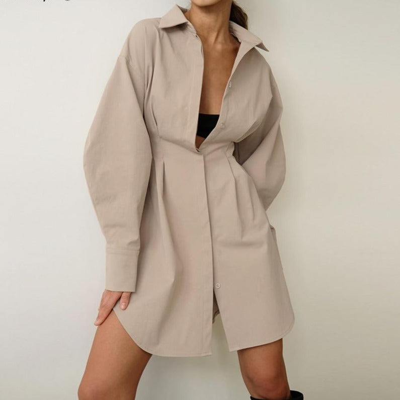Autumn Winter Bodycon Dress Women Long Sleeve Khaki Pleated Shirt Midi Dresss