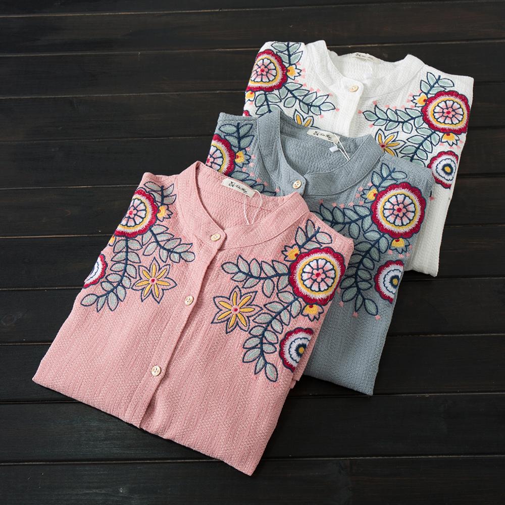 Women White Shirt 100% Cotton Embroidery Long Sleeve Button Up Blouse Loose Office Top