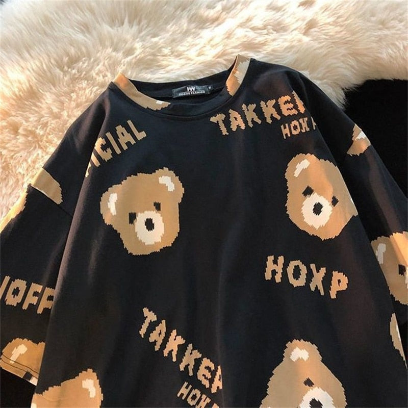 Summer Full Print Cartoon Bear Kawaii Short-Sleeved T-Shirt Loose Harajuku Casual