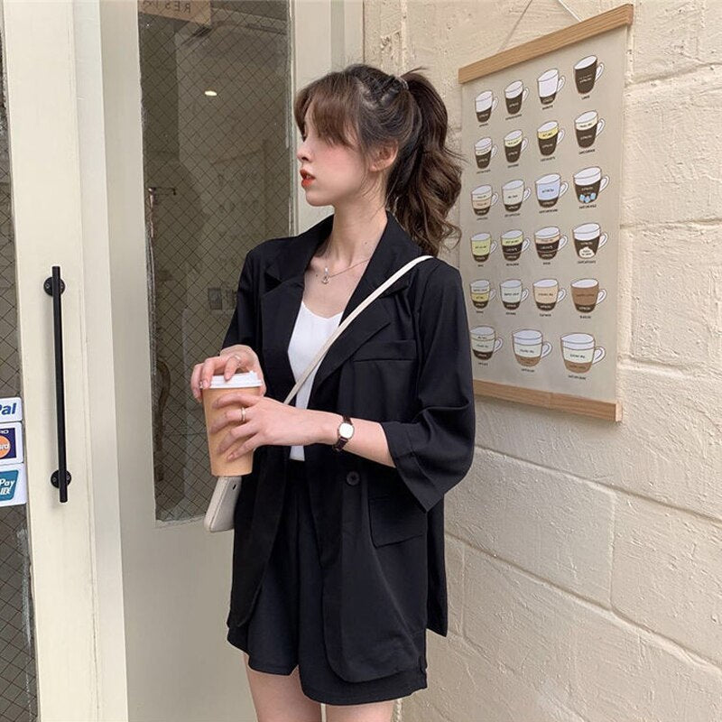Blazer Set Women Korean Fashion Thin Jackets Casual Loose Shorts Two Piece Suits Female