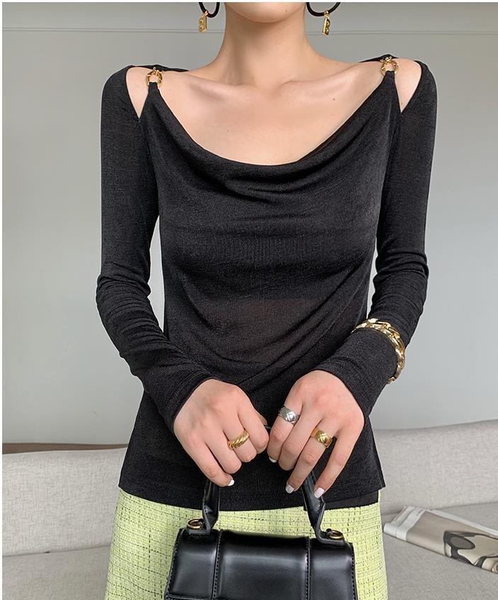 Sexy Swing Collar Cropped Tops Women Autumn Metal Design Skinny Long Sleeve T-Shirt Outwear