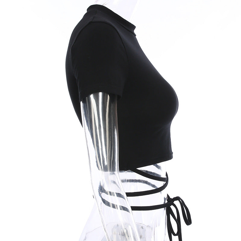 Summer Women Black Short T-Shirts Sexy Crop Tops Short Sleeve Bandage Tee Tops Female Shirts