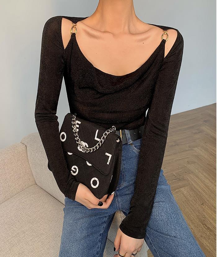 Sexy Swing Collar Cropped Tops Women Autumn Metal Design Skinny Long Sleeve T-Shirt Outwear