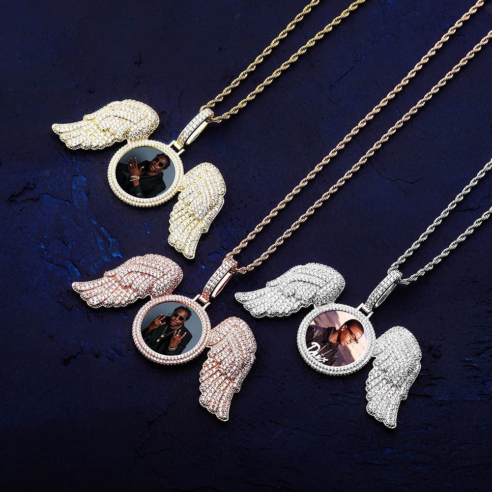 Angel Wings Custom Photo Medallion Necklace Iced Out Cubic Zirconia Pendant Hip Hop Jewelry