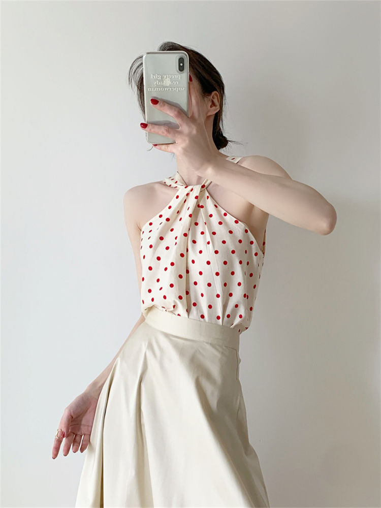 Backless Camis Women Summer Polka Dot Twist Halterneck Vest Female Casual Chiffon Tops