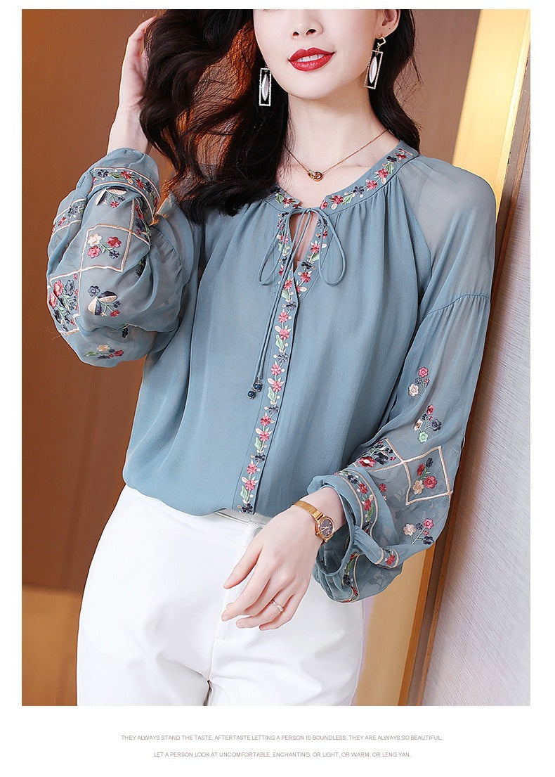 Chiffon Embroidery Blouse Long Lantern Sleeve Loose Top Casual Wear Oversize Casual Wear