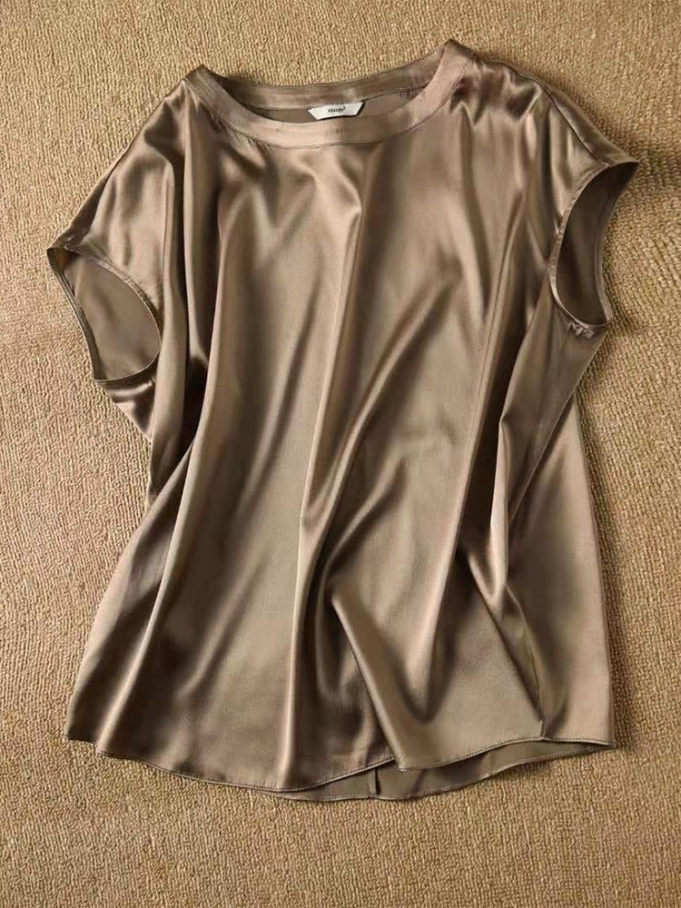 Silk Thin Short Sleeve Tees Style Slip Woman Summer Clothes Brown Tops Solid Loose Casual