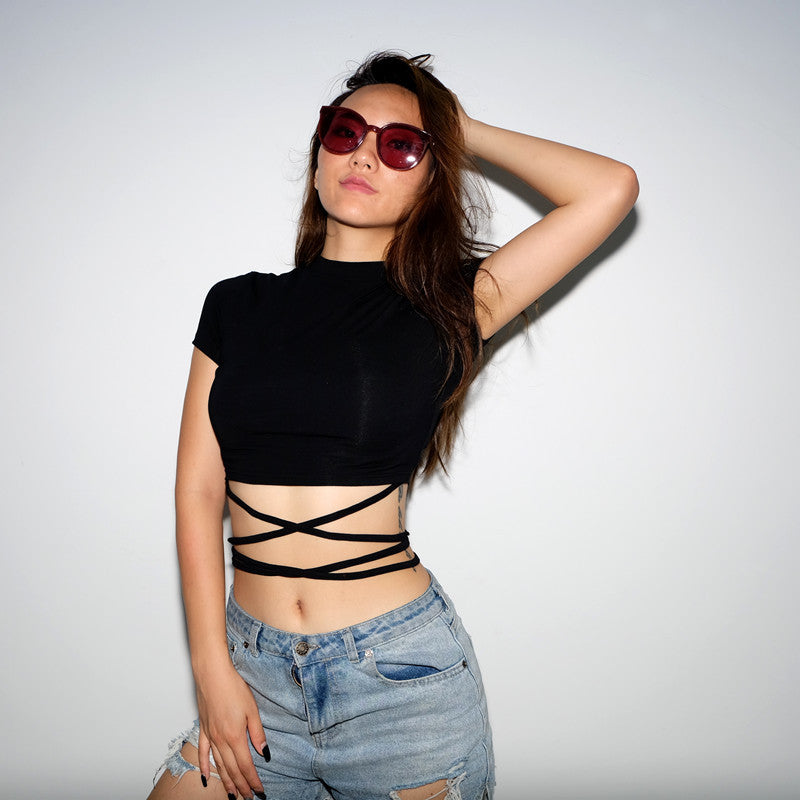 Summer Women Black Short T-Shirts Sexy Crop Tops Short Sleeve Bandage Tee Tops Female Shirts