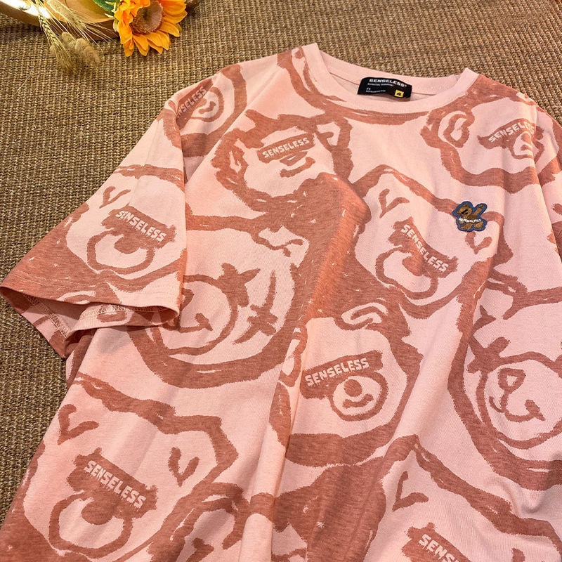 Summer Full Print Cartoon Bear Kawaii Short-Sleeved T-Shirt Loose Harajuku Casual