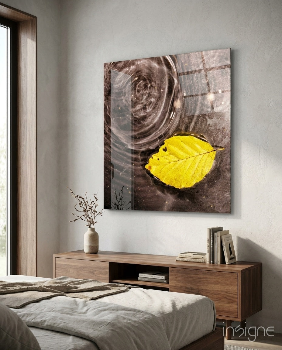 Rippled Water Floating Yellow Leaf Glass Wall Art