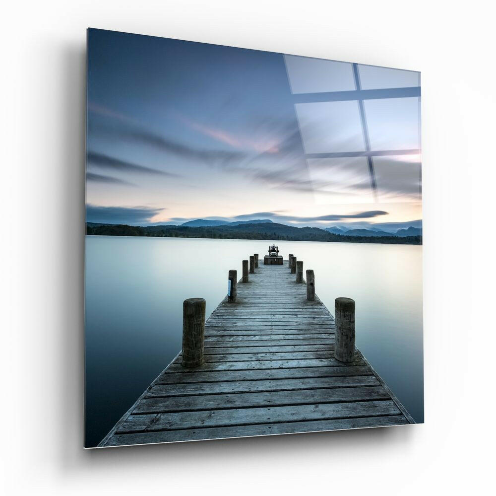 Tranquil Blue Lake Wooden Jetty Glass Wall Art