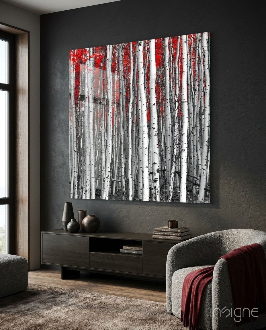 Square White Birch Trunks Red Leaves Glass Wall Art
