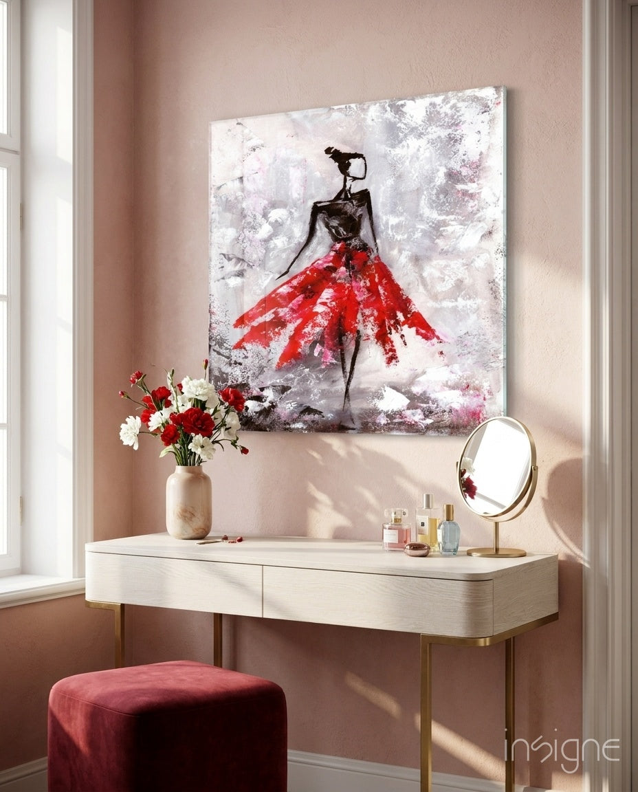 Red Skirt Dancer on Frosted Gray Glass Wall Art