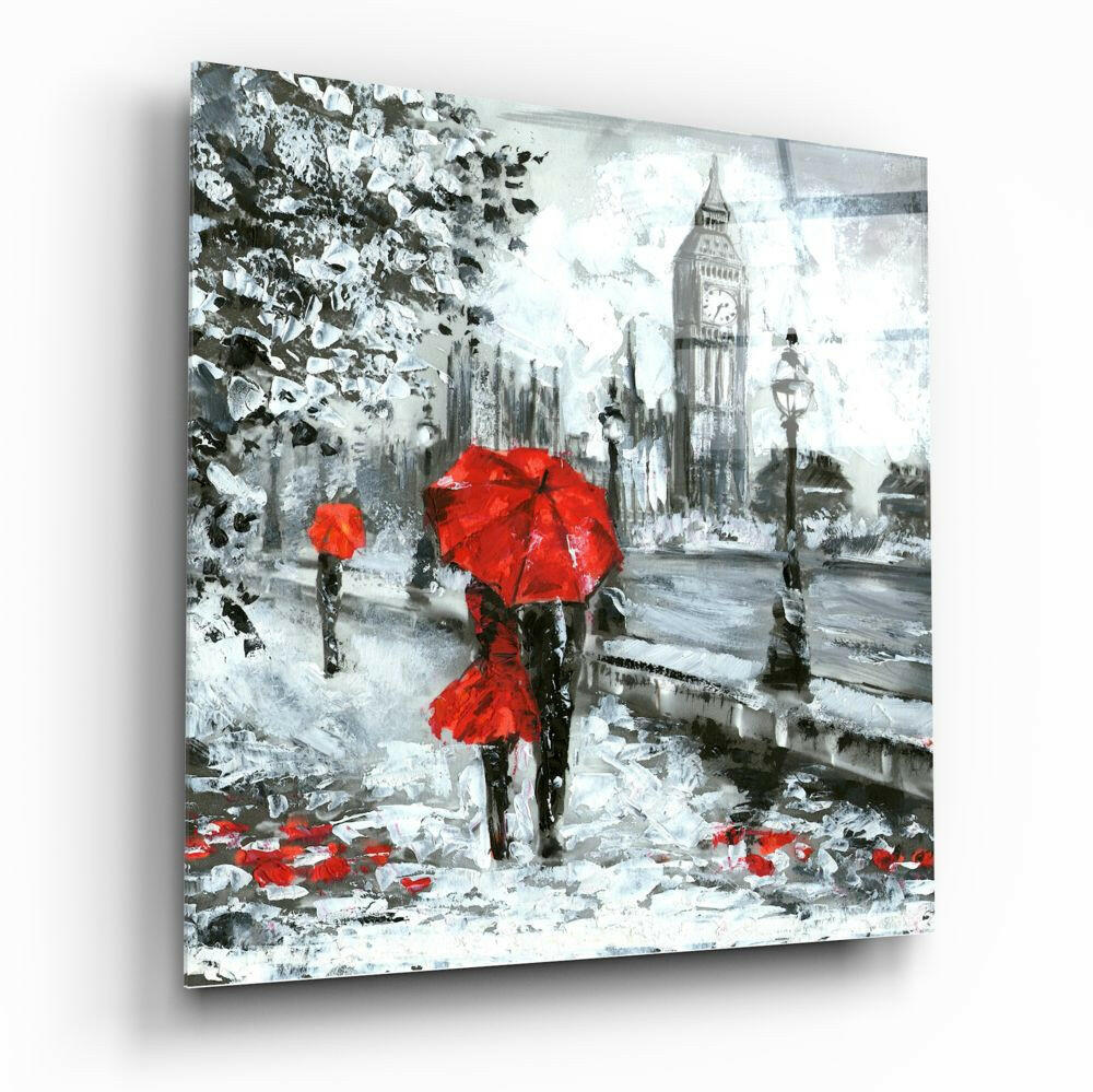 Red Umbrella Couple by Clock Tower Glass Wall Art