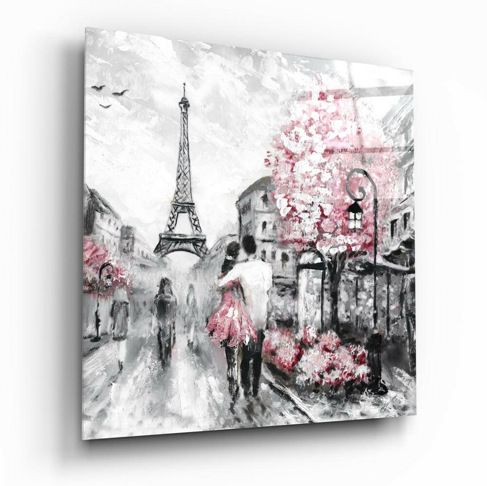 Pink Blossom Tree Paris Couple Glass Wall Art