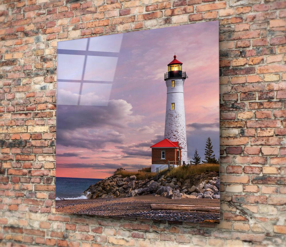 Pink Sunset Cliff Top Lighthouse Glass Wall Art