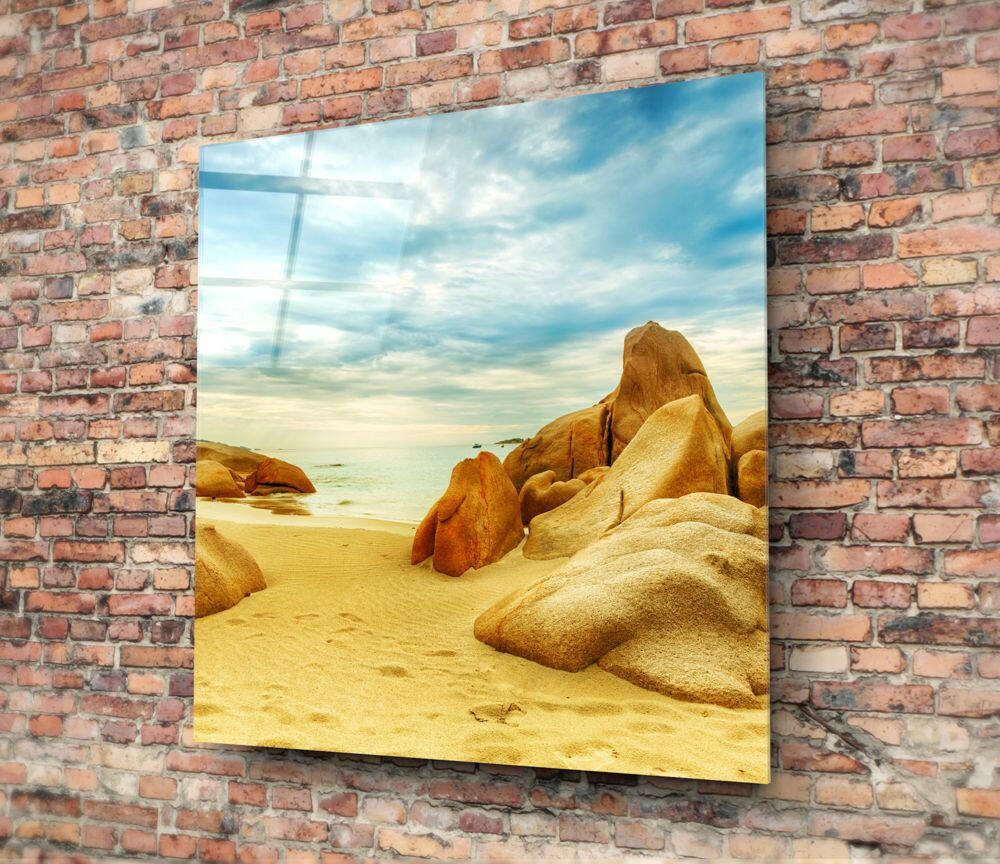 Golden Sand Boulders Sunny Beach Glass Wall Art