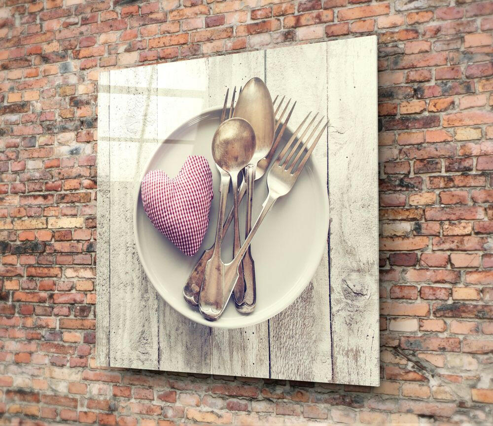 Gingham Heart And Silver Cutlery Glass Wall Art