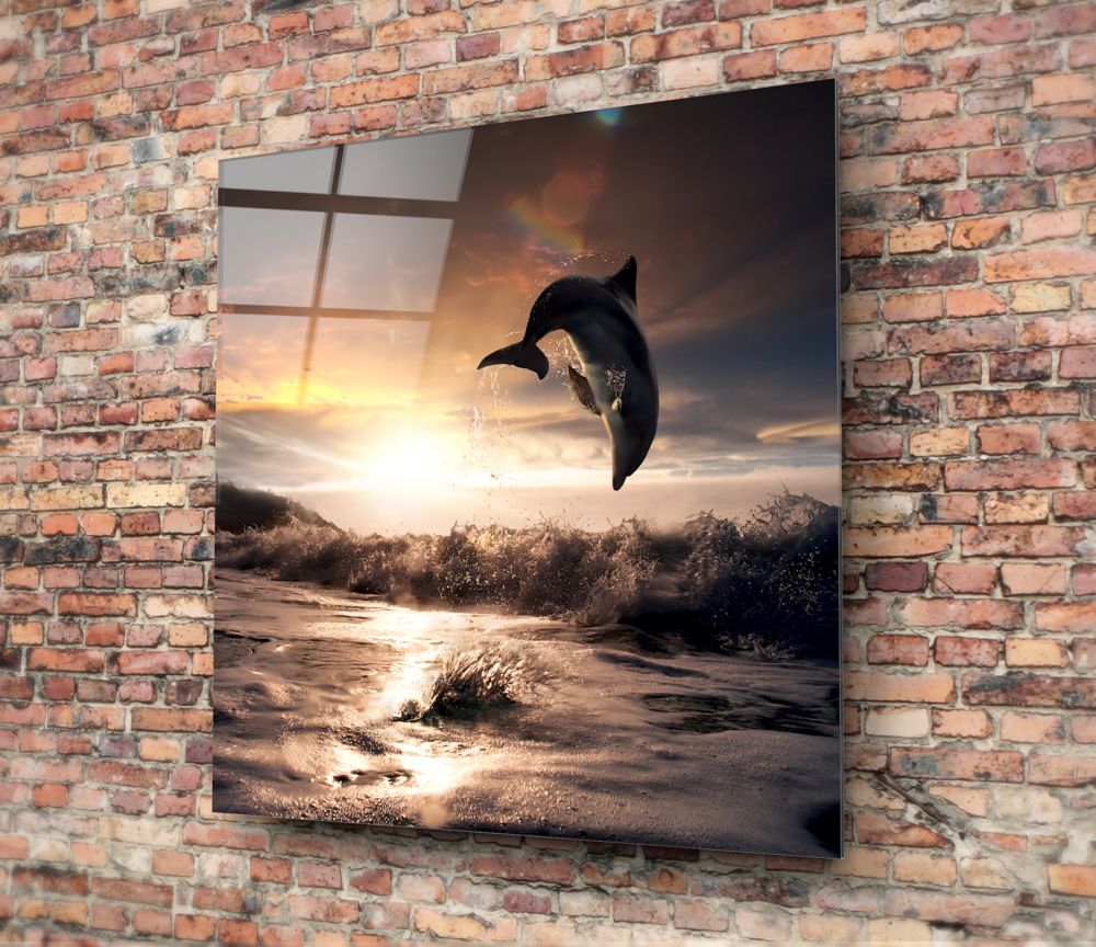 Dolphin Over Sepia Surf Square Glass Wall Art