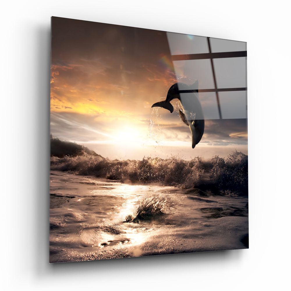 Dolphin Over Sepia Surf Square Glass Wall Art