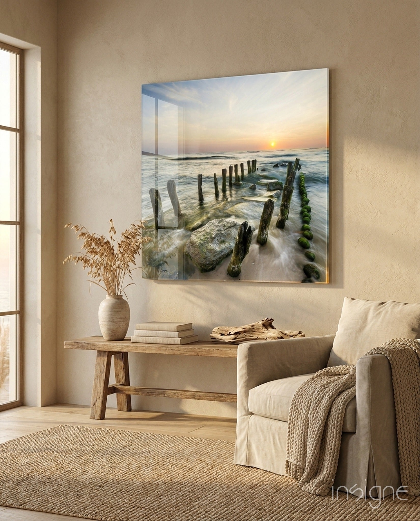 Mossy Sea Groynes Dock Glass Wall Art