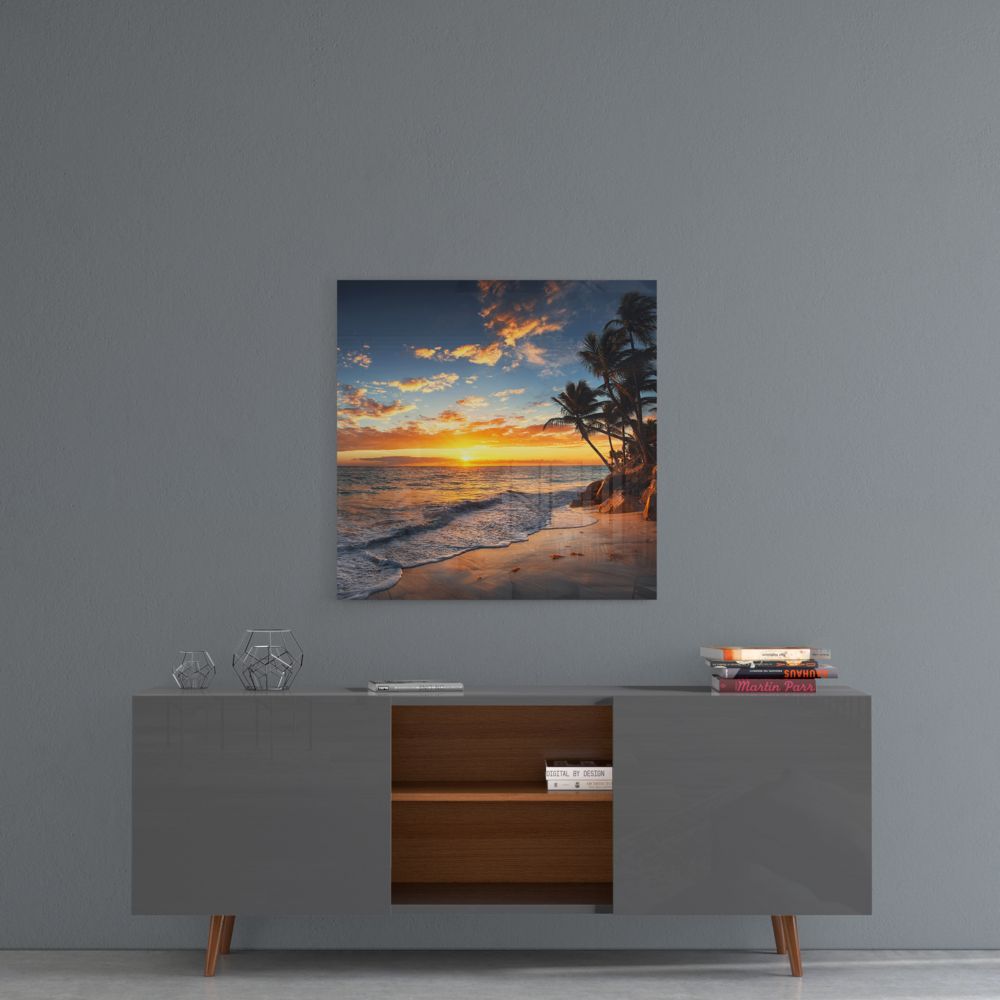 Orange Sunset Cove Palm Trees Glass Wall Art