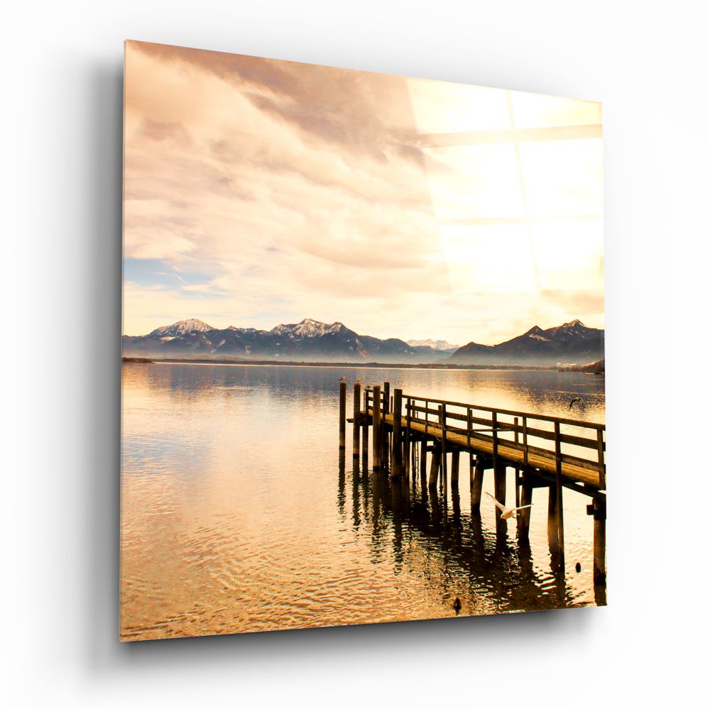 Golden Mountain Lake Dock Glass Wall Art