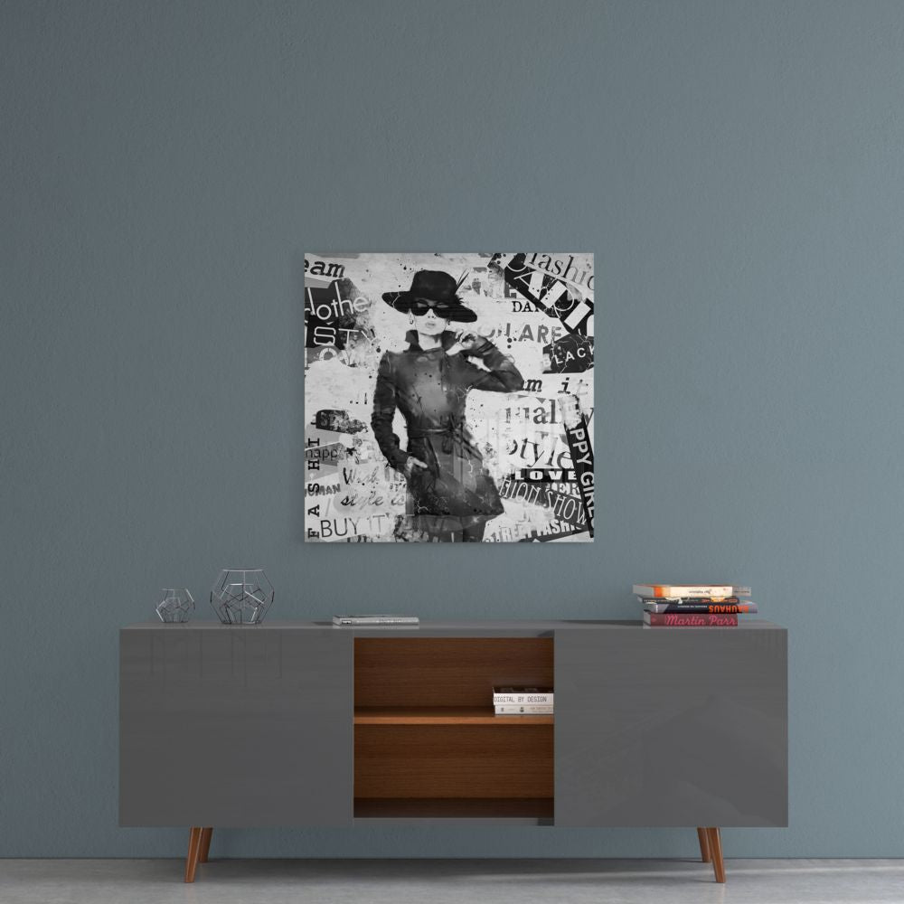 Monochrome Newspaper Collage Hat Woman Glass Wall Art