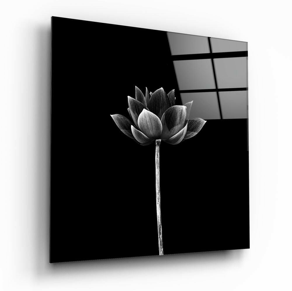Monochrome Upright Lotus Bud Floral Glass Wall Art