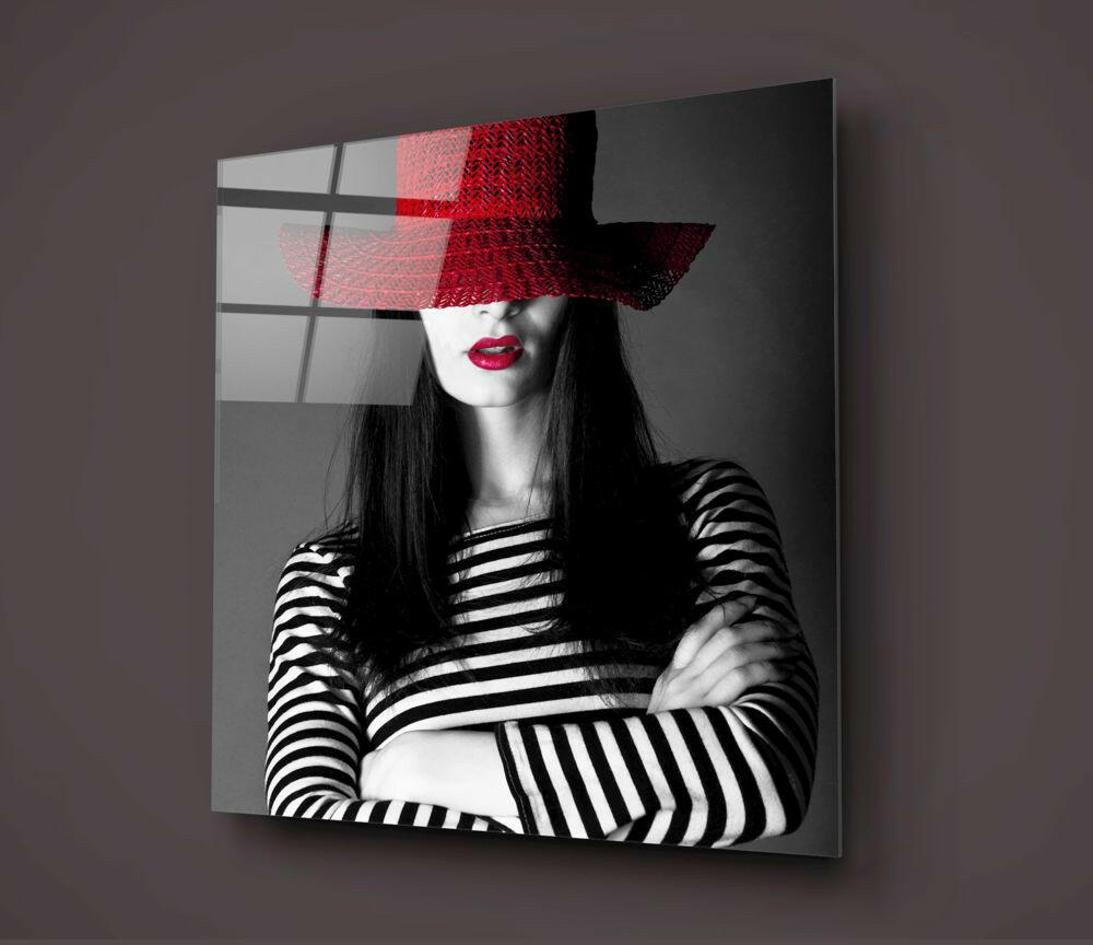 Red Straw Hat Striped Woman Glass Wall Art