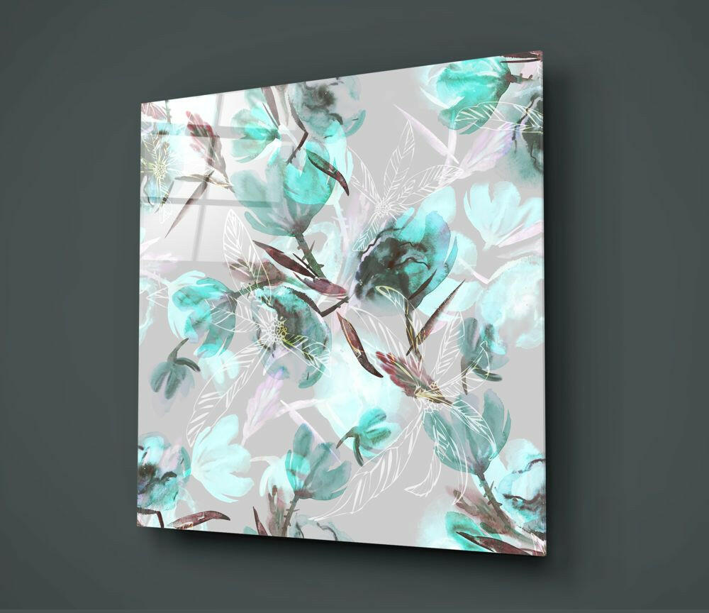 Teal Watercolor Magnolia Pattern Glass Wall Art