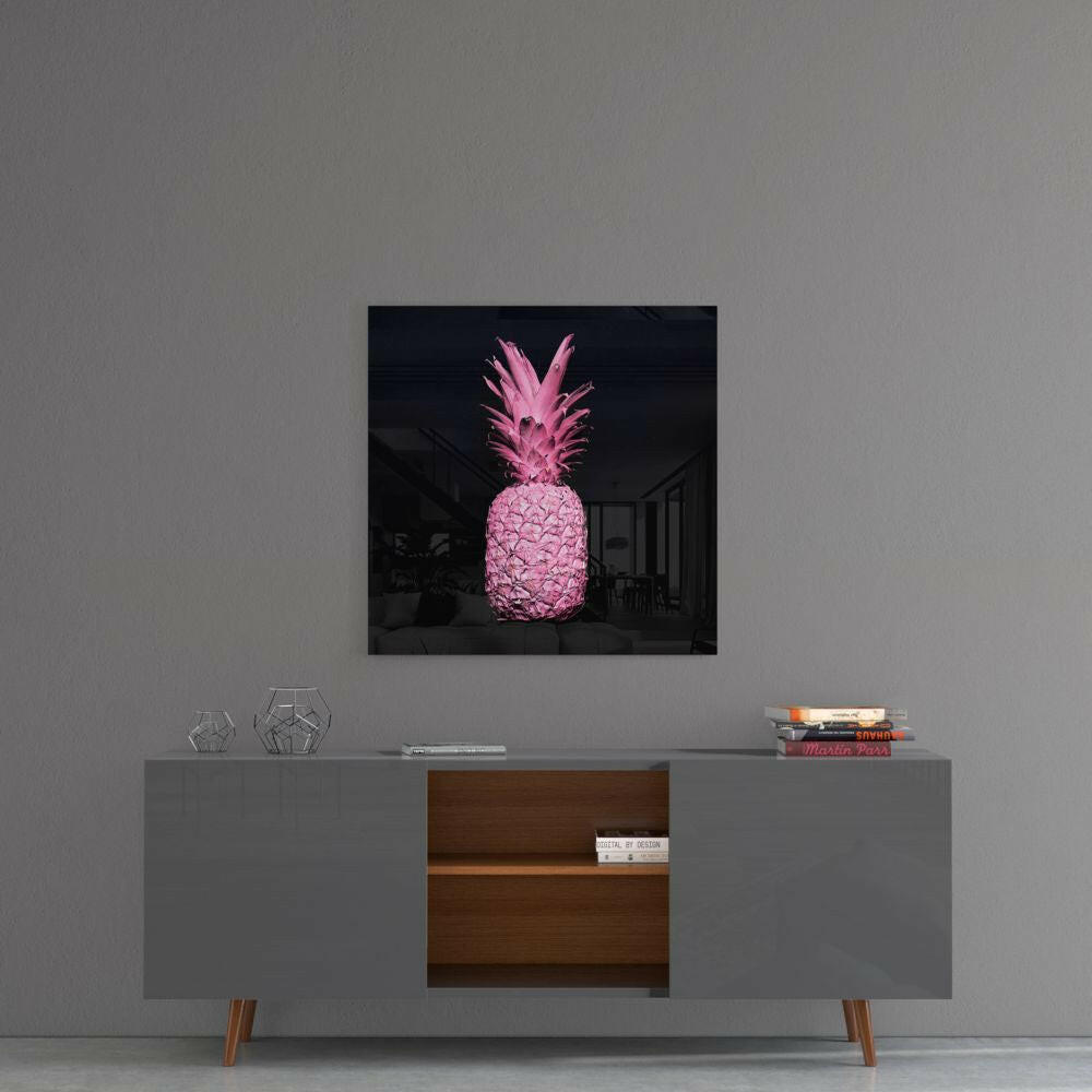 Bright Pink Pineapple On Black Glass Wall Art
