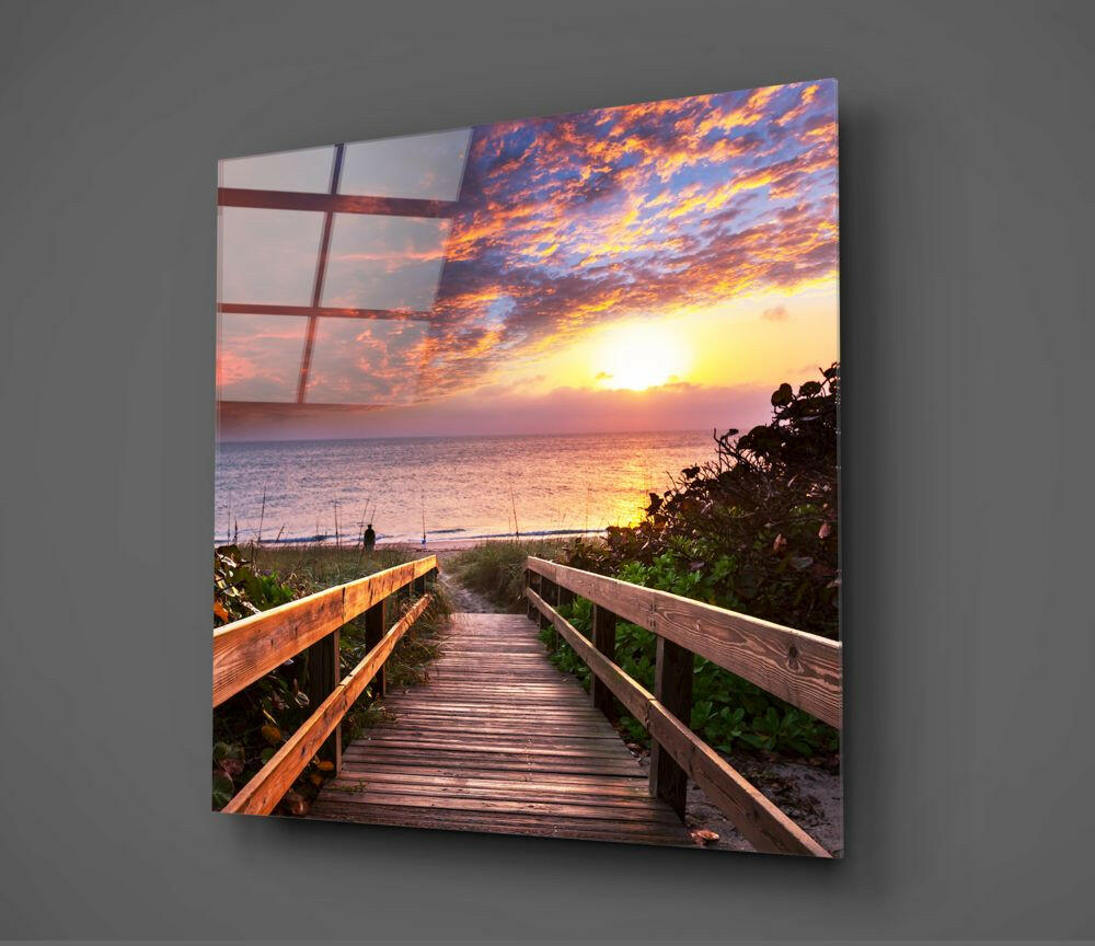Wooden Boardwalk Fiery Sunset Sea Landscape Glass Wall Art
